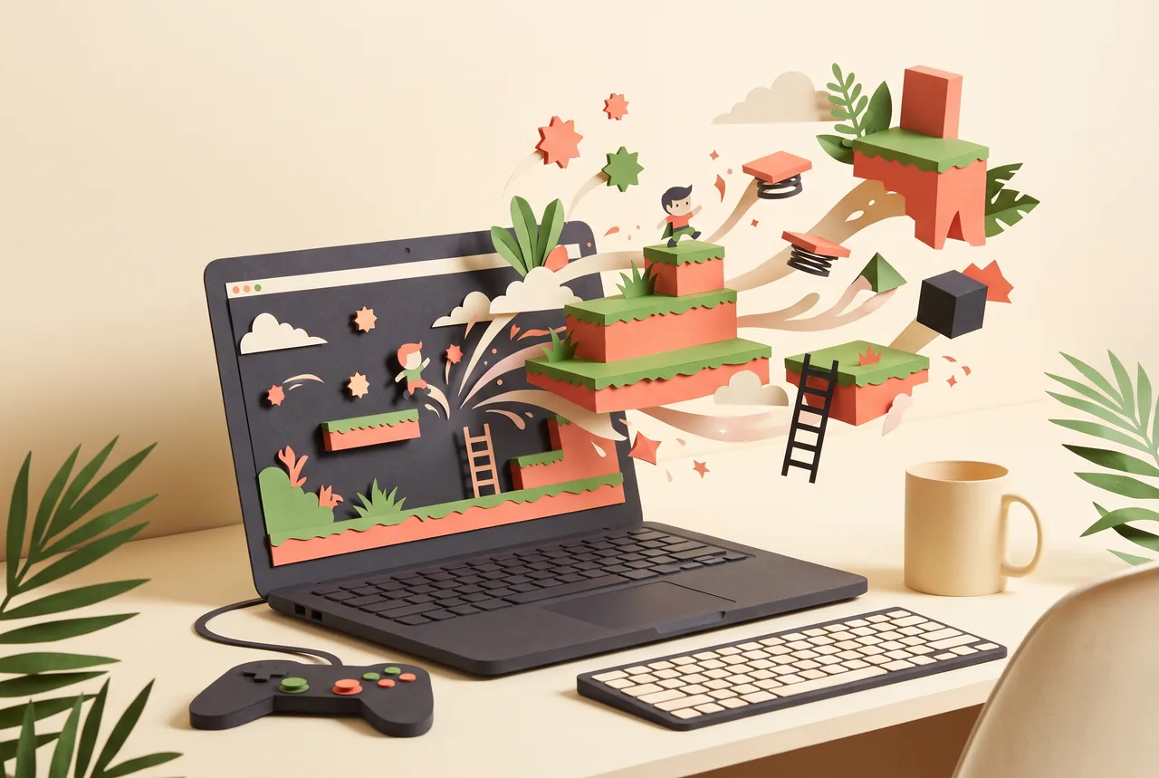 An original editorial illustration in a playful cut-paper style: a laptop on a home desk, its screen showing a simple platform game with stepping platforms and a small character, alongside a keyboard and game controller. Paper game elements emerge from the screen to suggest creating browser games from prompts. Use warm cream, coral, leaf green and charcoal. Include no text, logos, watermarks, trademarks or fabricated documentary evidence.