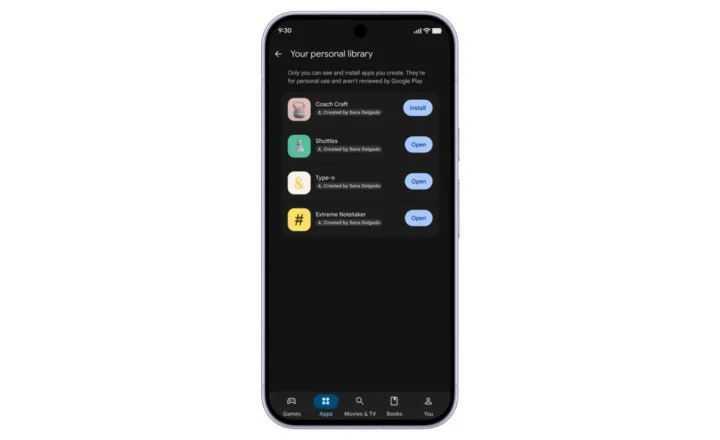 Phone on a white background displaying a dark Google Play screen titled “Your personal library,” with four user-created apps and Install or Open buttons. A notice says only the creator can see and install these personal-use apps and that they are not reviewed by Google Play.