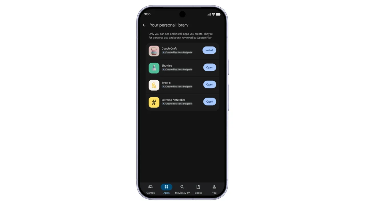 Phone on a white background displaying a dark Google Play screen titled “Your personal library,” with four user-created apps and Install or Open buttons. A notice says only the creator can see and install these personal-use apps and that they are not reviewed by Google Play.