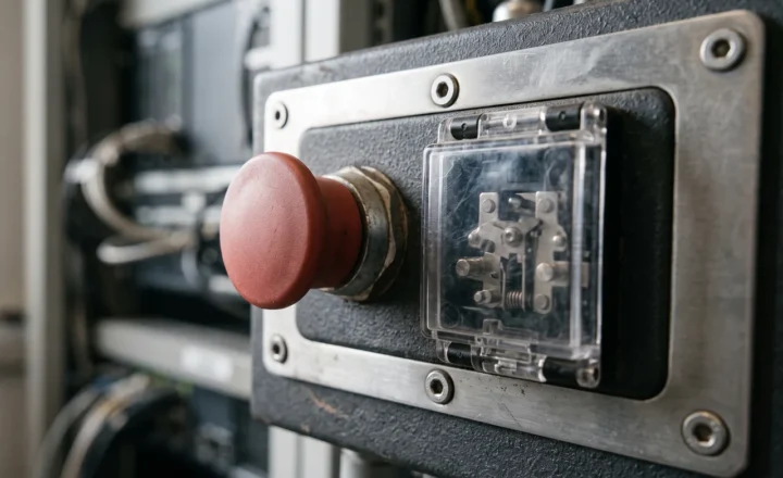 Close-up of a large red mushroom-shaped button beside a mechanical assembly under a clear plastic cover, mounted on a dark panel with a bolted metal frame. Cables and equipment are blurred in the background.