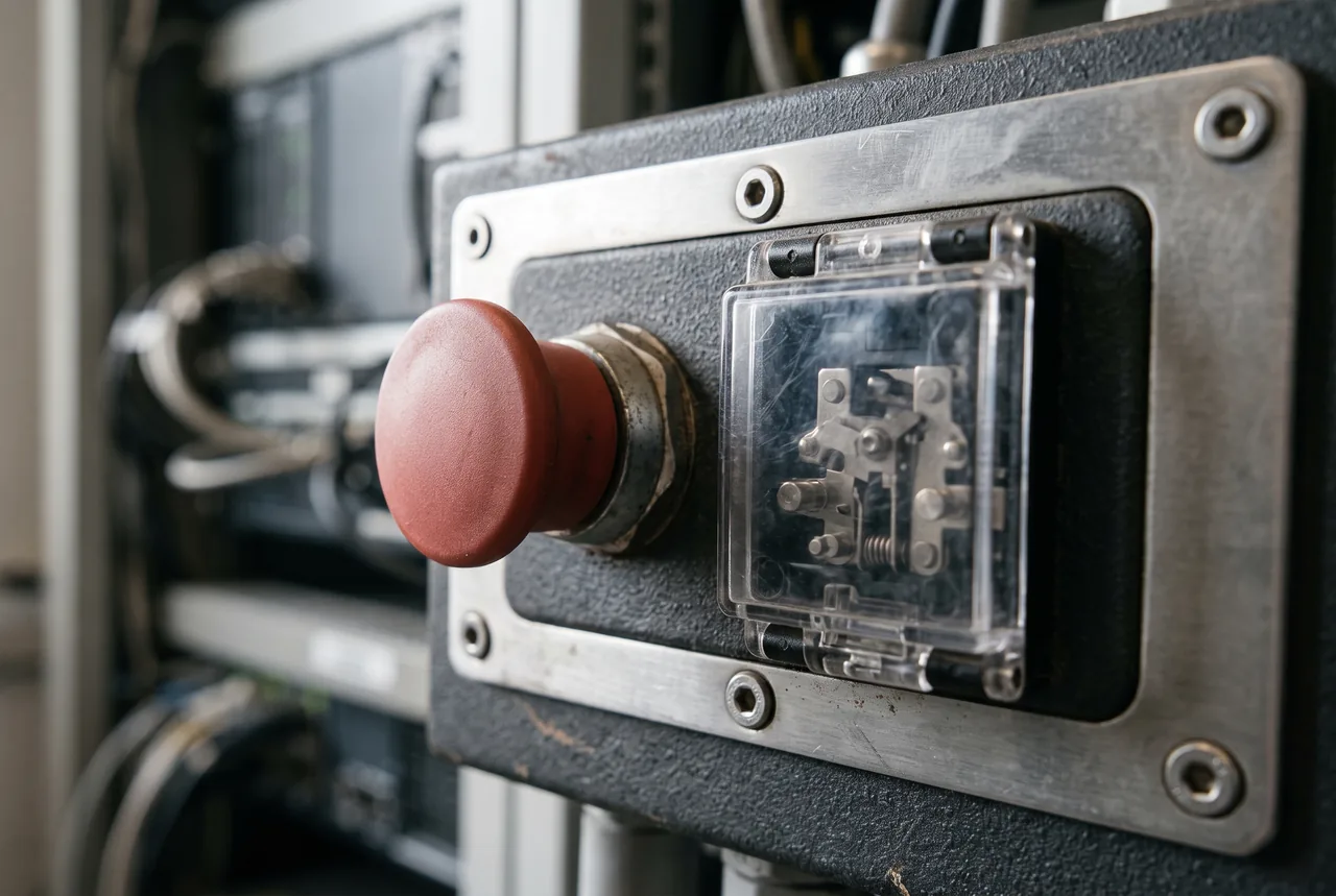 Close-up of a large red mushroom-shaped button beside a mechanical assembly under a clear plastic cover, mounted on a dark panel with a bolted metal frame. Cables and equipment are blurred in the background.