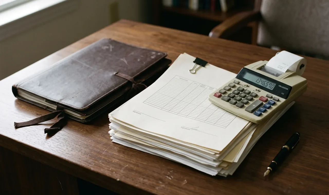 A printing calculator rests on a stack of tabular forms clipped together on a wooden desk. A worn brown leather portfolio lies to the left, and a black fountain pen sits at the lower right. A window, bookcase and upholstered chair are visible in the background.