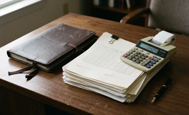 A printing calculator rests on a stack of tabular forms clipped together on a wooden desk. A worn brown leather portfolio lies to the left, and a black fountain pen sits at the lower right. A window, bookcase and upholstered chair are visible in the background.