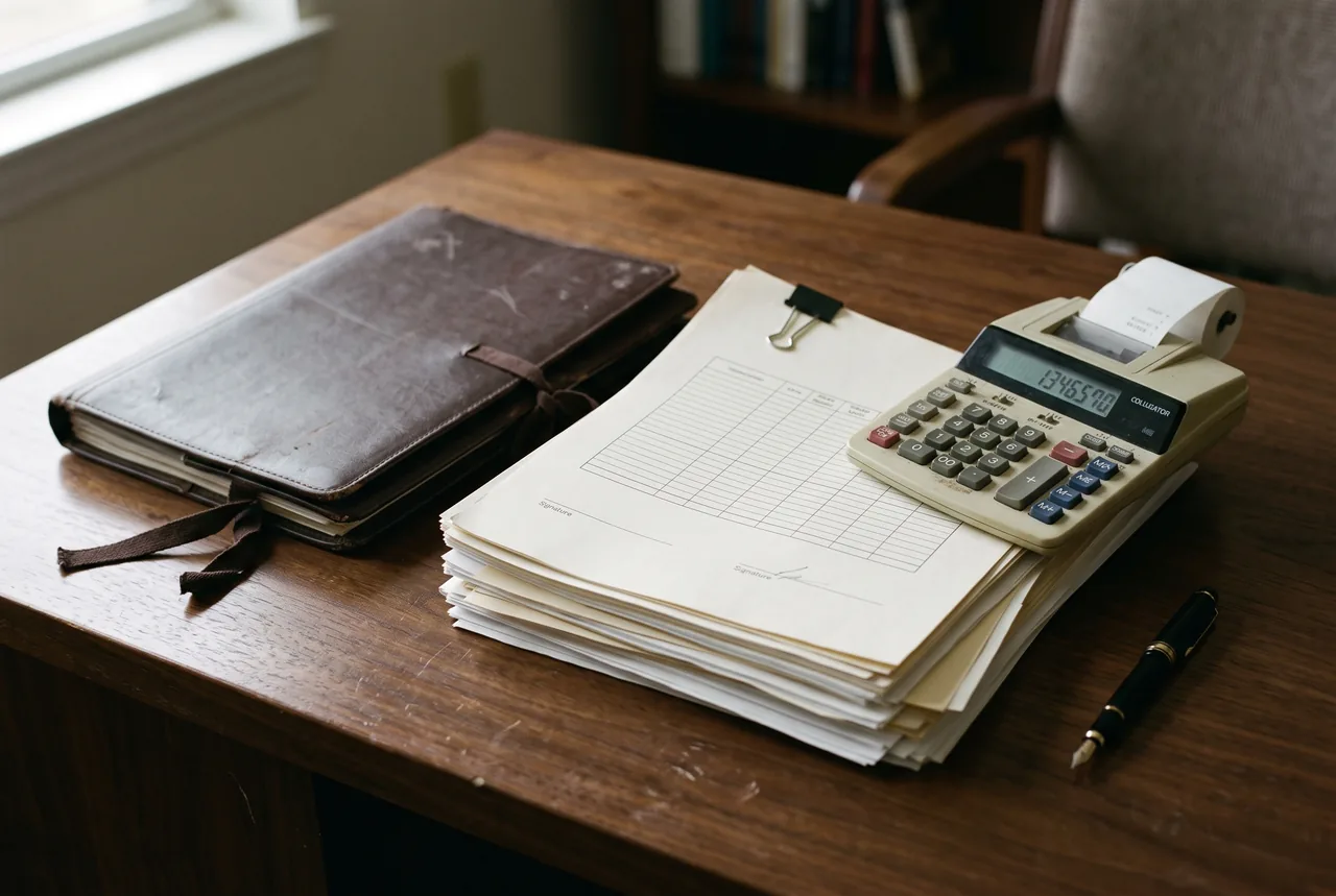A printing calculator rests on a stack of tabular forms clipped together on a wooden desk. A worn brown leather portfolio lies to the left, and a black fountain pen sits at the lower right. A window, bookcase and upholstered chair are visible in the background.