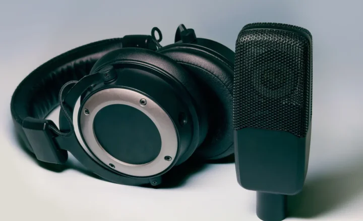 Black over-ear headphones beside a black microphone on a light-colored surface.