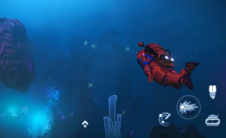 No Man’s Sky gameplay showing a red-suited explorer swimming through blue water among alien aquatic formations, with translucent touch controls overlaid along the bottom and right edges.