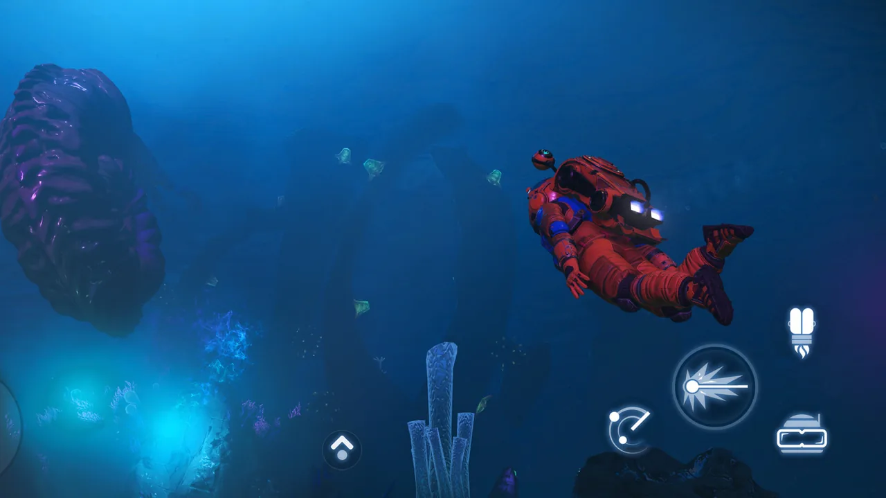 No Man’s Sky gameplay showing a red-suited explorer swimming through blue water among alien aquatic formations, with translucent touch controls overlaid along the bottom and right edges.