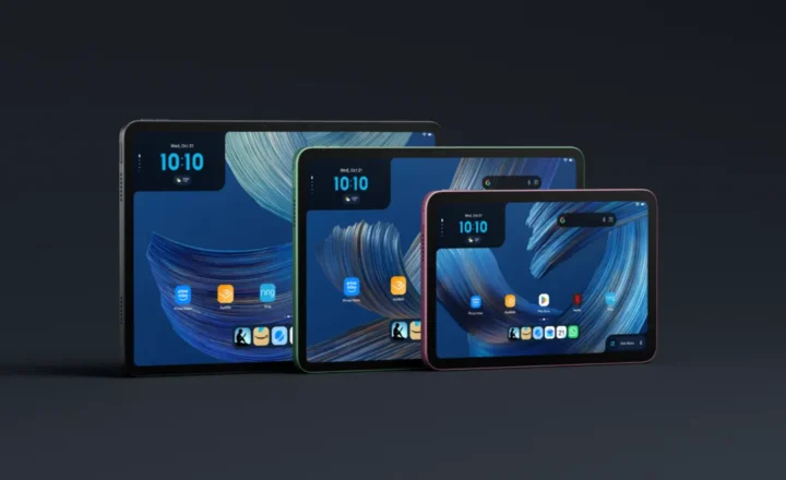 Three overlapping tablets in black, green, and pink frames on a dark background, displaying blue abstract wallpapers, clock widgets, and app icons. The front tablet shows Google search, Play Store, Amazon apps, and an Ask Alexa control.