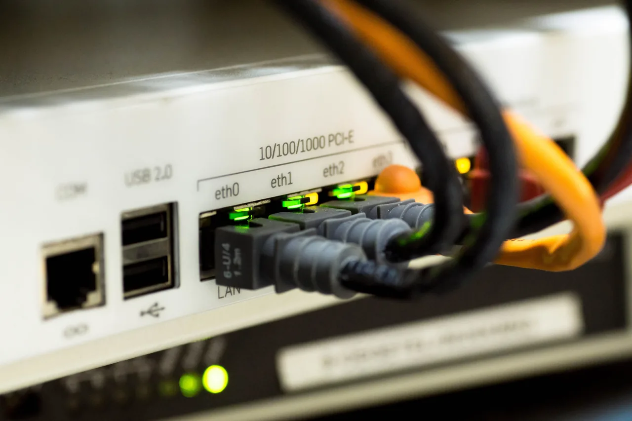 Black and orange Ethernet cables plugged into a white network device, with green indicator lights.