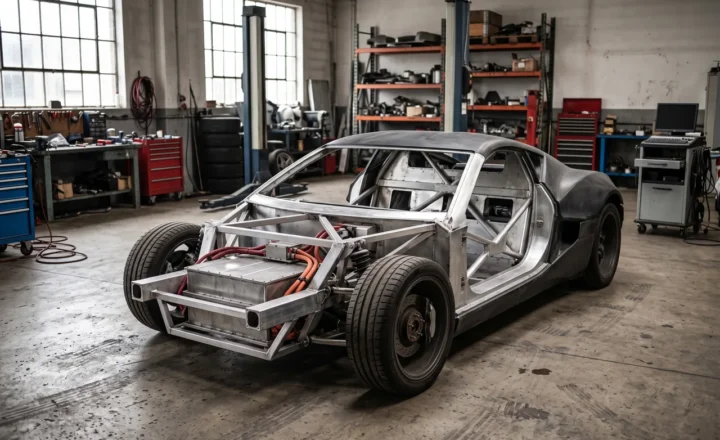 Three-quarter front view of an unfinished sports car with exposed metal framing, wiring, suspension and front wheels. Tool cabinets, parts shelves and lift posts surround it in a window-lit workshop.