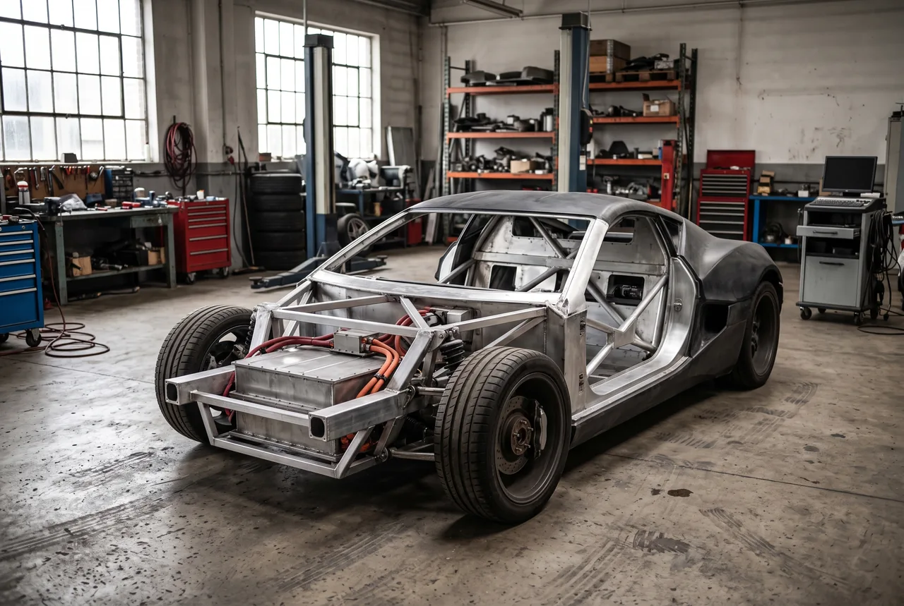 Three-quarter front view of an unfinished sports car with exposed metal framing, wiring, suspension and front wheels. Tool cabinets, parts shelves and lift posts surround it in a window-lit workshop.