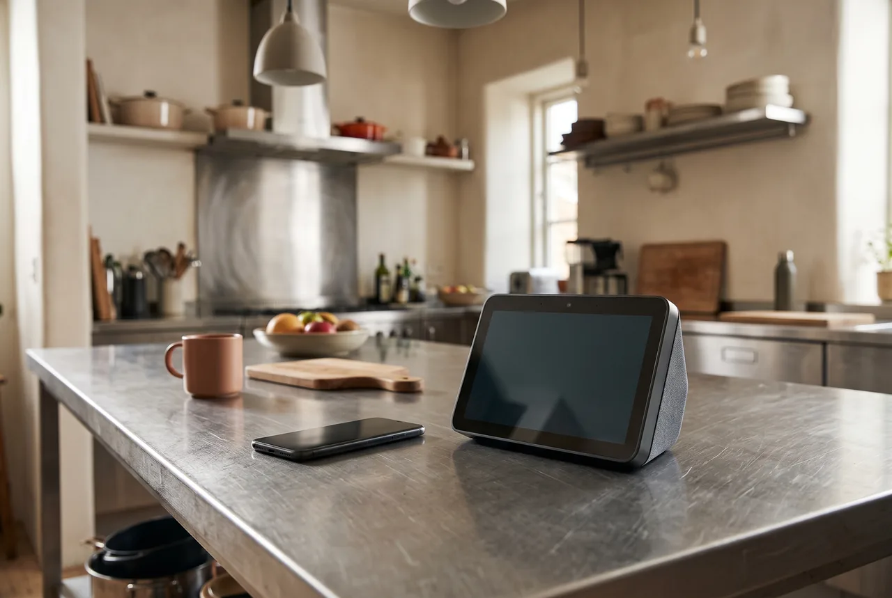 A black tabletop display with a dark screen and gray fabric-covered sides sits on a stainless steel kitchen island beside a smartphone. A mug, wooden cutting board and fruit bowl sit farther back, with cookware, shelves and pendant lights in the background.