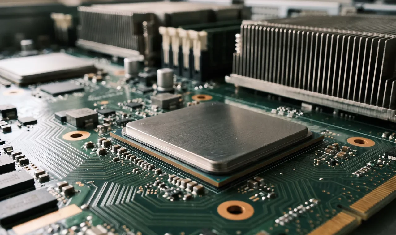Close-up of a square, silver-topped processor on a green circuit board, surrounded by fine traces, small electronic components, and large finned metal heat sinks in the background.