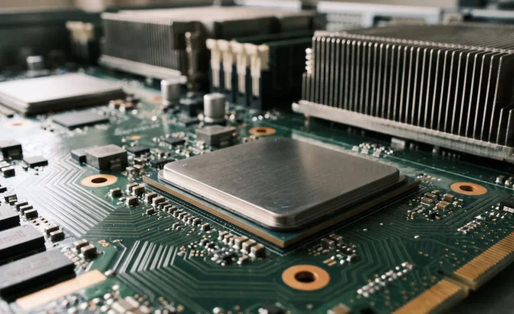 Close-up of a square, silver-topped processor on a green circuit board, surrounded by fine traces, small electronic components, and large finned metal heat sinks in the background.