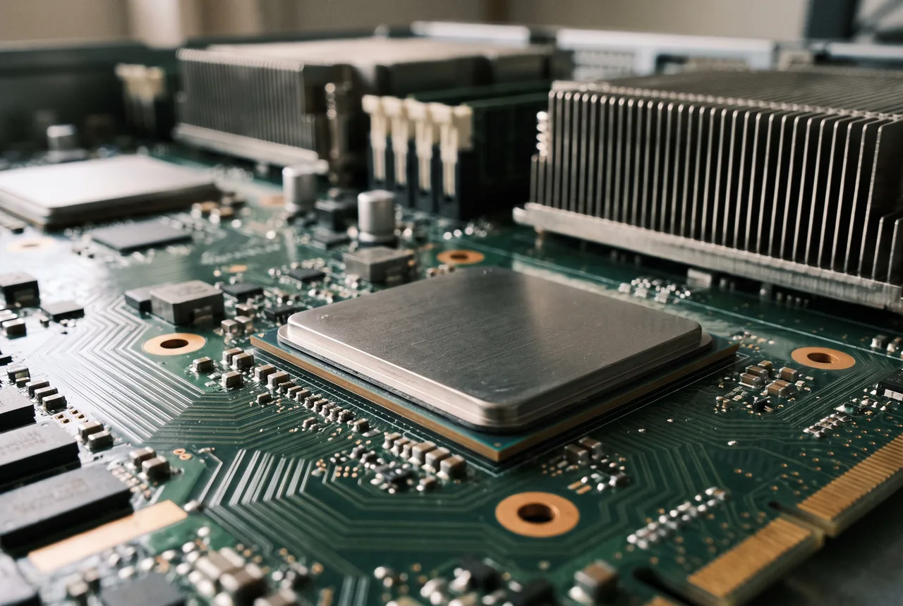 Close-up of a square, silver-topped processor on a green circuit board, surrounded by fine traces, small electronic components, and large finned metal heat sinks in the background.